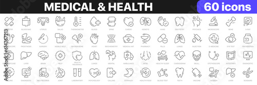 Medical and health line icons collection. Ambulance, hospital, medicine, anatomy icons. UI icon set. Thin outline icons pack. Vector illustration EPS10