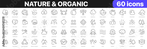 Nature and organic line icons collection. Weather, forest, fruits, animals icons. UI icon set. Thin outline icons pack. Vector illustration EPS10