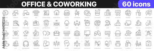 Office and coworking line icons collection. Workplace, workspace, teamwork, fast food icons. UI icon set. Thin outline icons pack. Vector illustration EPS10