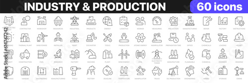 Industry and production line icons collection. Factory, plant, manufacture, tools icons. UI icon set. Thin outline icons pack. Vector illustration EPS10