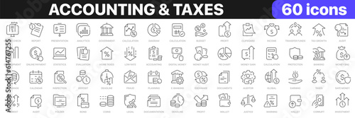 Accounting and taxes line icons collection. Finance, credit, money, profit, legal icons. UI icon set. Thin outline icons pack. Vector illustration EPS10