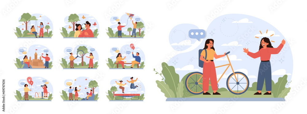 Fototapeta premium Children exploring nature on summer holidays set. Active outside