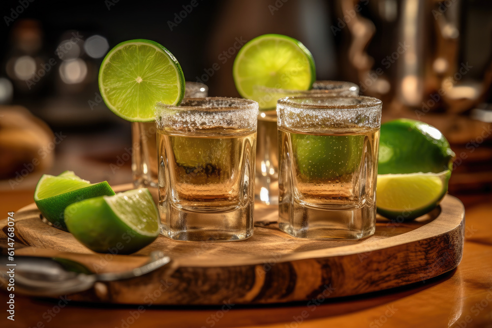 Gold tequila shot with lime on rustic wooden table Gold tequila shot with lime on rustic wooden table