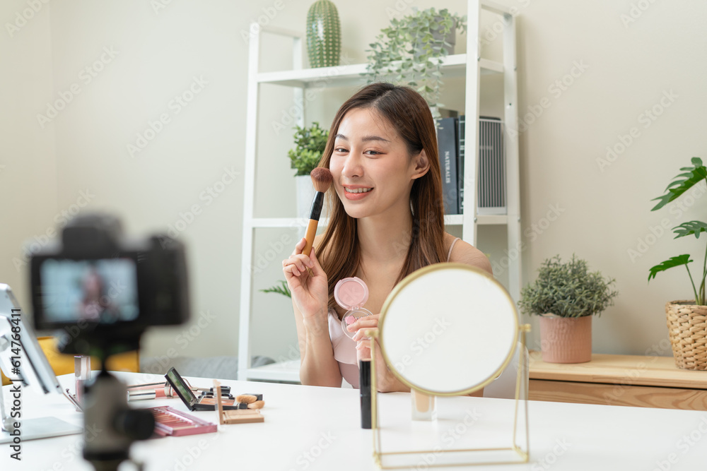 Social media influencer beauty blogger concept, Young beautiful woman recording video review cosmetic and makeup tutorial. Social media influencer beauty blogger concept, Young beautiful woman recording video review cosmetic and makeup tutorial.