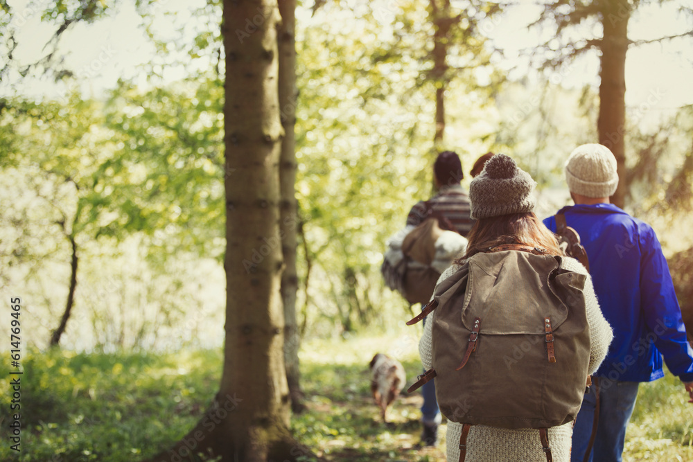 Friends backpacking hiking in woods