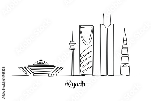Single one line drawing Riyadh skyline. City concept. Continuous line draw design graphic vector illustration.