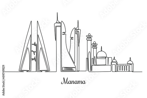 Single one line drawing Manama city skyline. City concept. Continuous line draw design graphic vector illustration.
