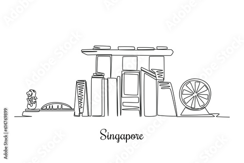 Single one line drawing Singapore city skyline. City concept. Continuous line draw design graphic vector illustration.