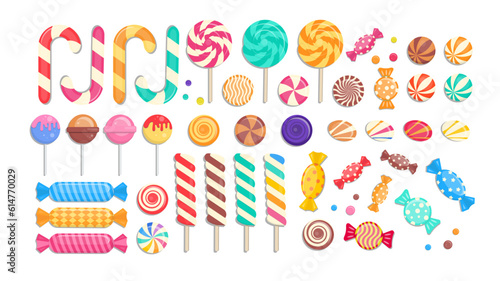 Sweet Candies Big Vector Collection. Set of Sweets, Candies, Lollipops, Gumballs, Sugar Caramel, and Twisted Marshmallows.