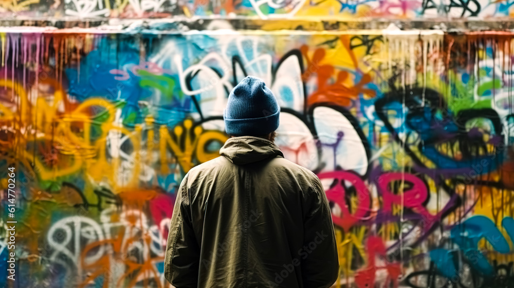 A man stands in front of a graffiti wall, generative AI.