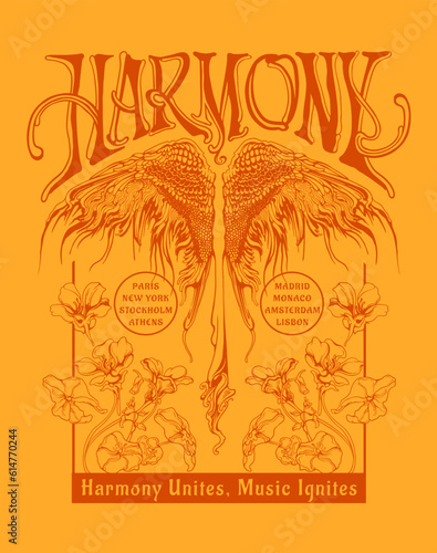 captivating poster art with a vintage style illustration, featuring hand drawn wings and custom typography, perfectly capturing the rock chic vibe for a t-shirt print