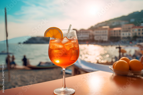 Fresh cold glass of aperol spritz cocktail on the table