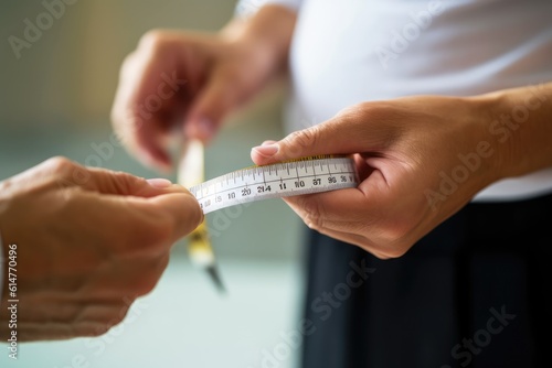 Close - up view of a doctor measuring a patient's waist circumference with a measuring tape, indicating obesity. Generative AI