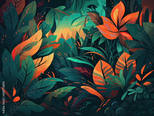 Tropical Rainforest Illustrations Featuring Stunning Foliage and Fiery Sunsets © yannis