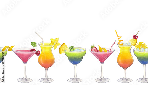 Seamless banner colorful beach cocktails, Tequila Sunrise Cosmopolitan Daiquiri Martini. Hand drawn watercolor illustration isolated on white background. For bar restaurant menu