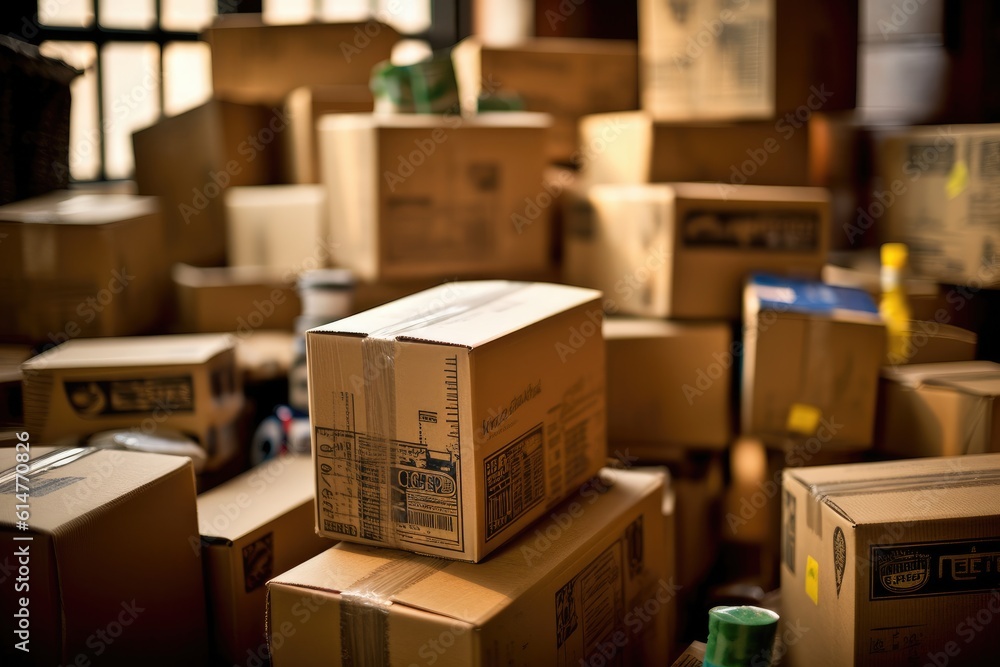 Close - up view of cardboard boxes neatly stacked, waiting to be moved into a new home. Generative AI Close - up view of cardboard boxes neatly stacked, waiting to be moved into a new home. Generative AI