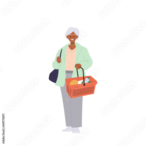 Happy smiling elderly woman buyer cartoon character carrying shopping basket with groceries