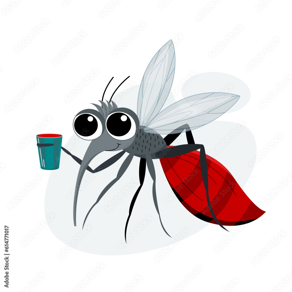 Vector illustration of a mosquito with a glass of blood on a white background. Funny image suitable for prints, stickers, web element. Vector illustration of a mosquito with a glass of blood on a white background. Funny image suitable for prints, stickers, web element.