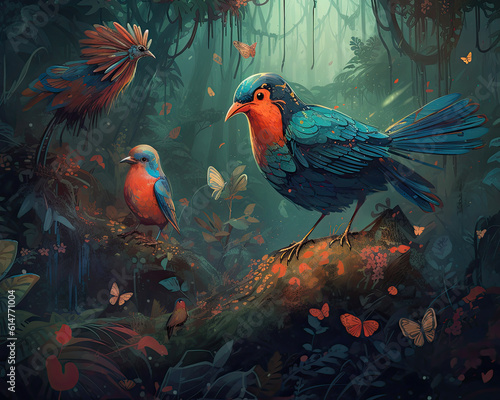 Enchanting Bird Characters in a Magical Forest Scenery © yannis