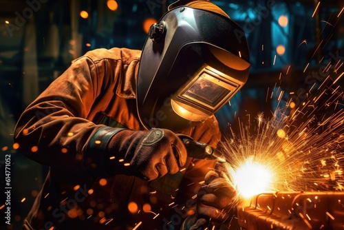 Welding workshop. Close - up shot of a welder wearing protective gear, with sparks flying in the air. Generative AI
