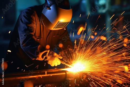 Welding workshop. Close - up shot of a welder wearing protective gear, with sparks flying in the air. Generative AI
