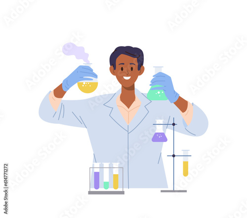Happy lab worker cartoon researcher character holding chemical flask celebrating vaccine discovery