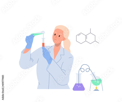 Young woman lab worker character making chemical research at science laboratory using glass flask
