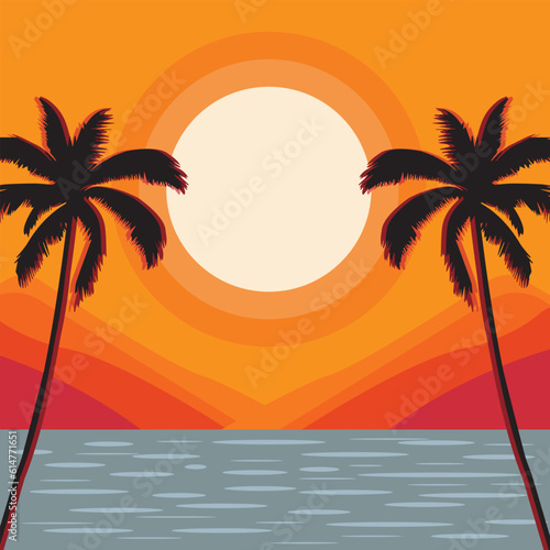 Summer Sunset Serenade Illustrate a Vector Landscape of a Beautiful Sunset, Complete with Silhouettes of Palm Trees and Birds