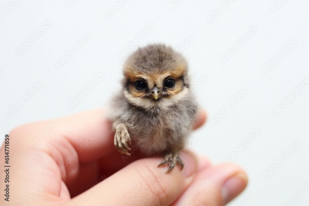 Fototapeta premium Cute micro baby owl on white background Generative AI