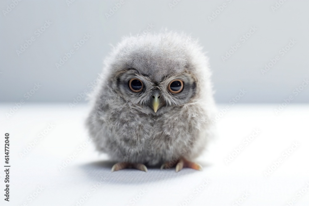 Cute micro baby owl on white background Generative AI Cute micro baby owl on white background Generative AI