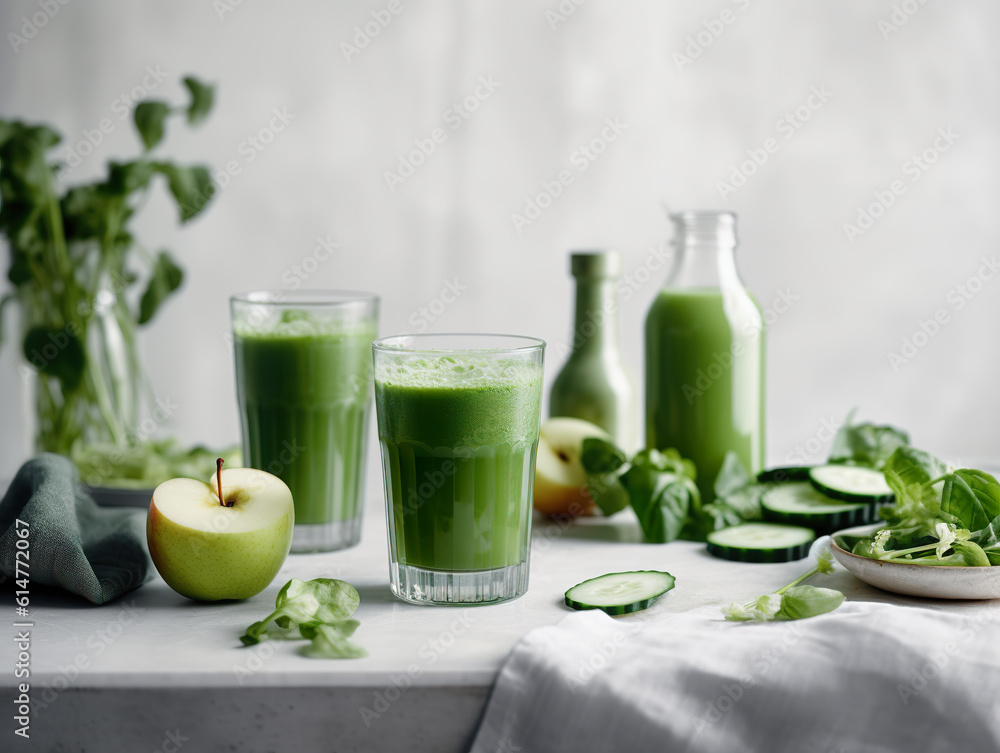 Homemade green juice with celery, apple, cucumber and spinach. Celery drink prepared for healthy nutrition and detox. Realistic 3D illustration. Generative AI Homemade green juice with celery, apple, cucumber and spinach. Celery drink prepared for healthy nutrition and detox. Realistic 3D illustration. Generative AI