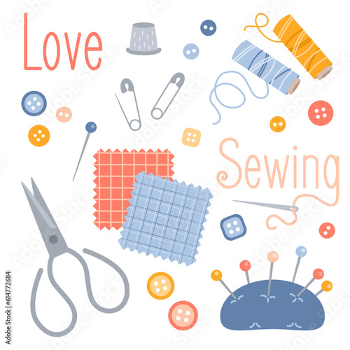 Set of sewing hobby design elements in flat style. Sewing accessories.