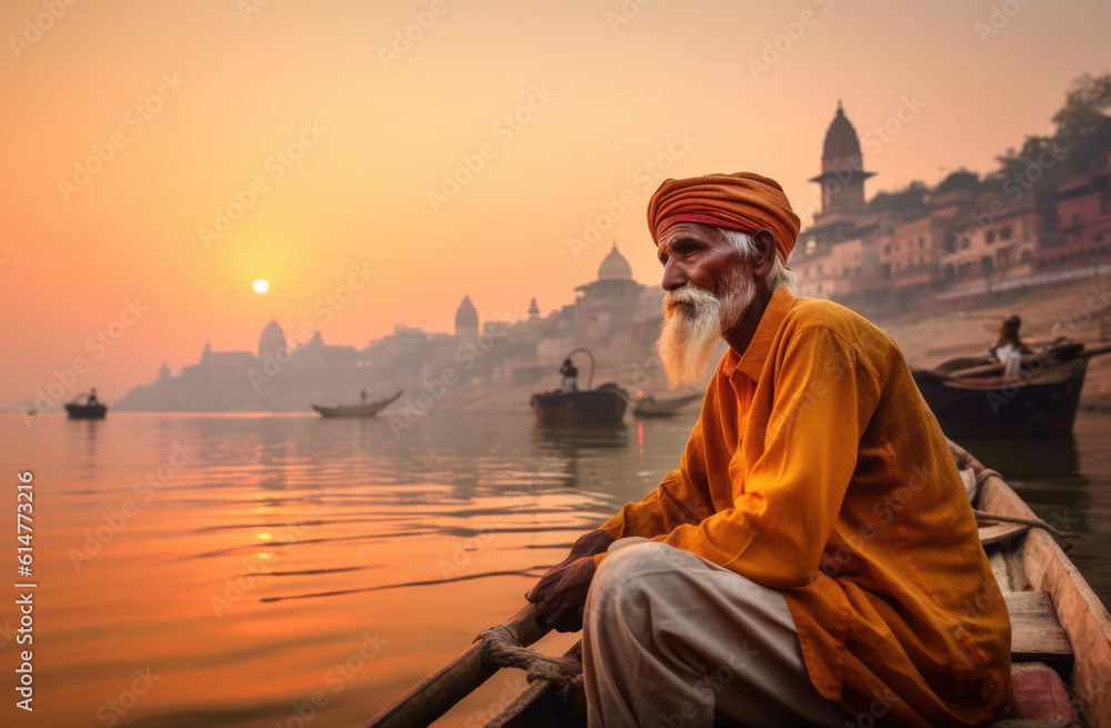 Fototapeta premium Authentic Indian Culture: Old Man Enjoying a Sunset Boat Ride on the Ganges River - Ai Generative