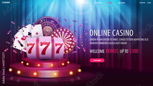 Online casino, welcome bonus, web banner with offer, slot machine, wheel fortune, roulette wheel, poker chips and playing cards on red round podium with curtain on background