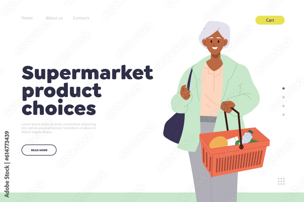 Supermarket product choice landing page design template with happy elderly woman customer