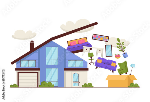 Moving to house. Beautiful large house with an open roof, next to a box from which furniture and interior items fly out into the house. Vector graphic.