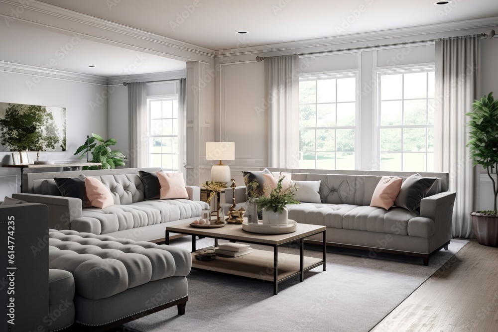 Fototapeta premium Modern interior of open space with design modular sofa, furniture, wooden coffee tables in stylish home decor. Neutral living room. 