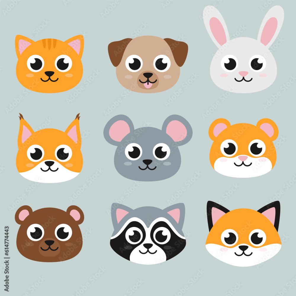 Heads of cute animals, set of flat style illustrations