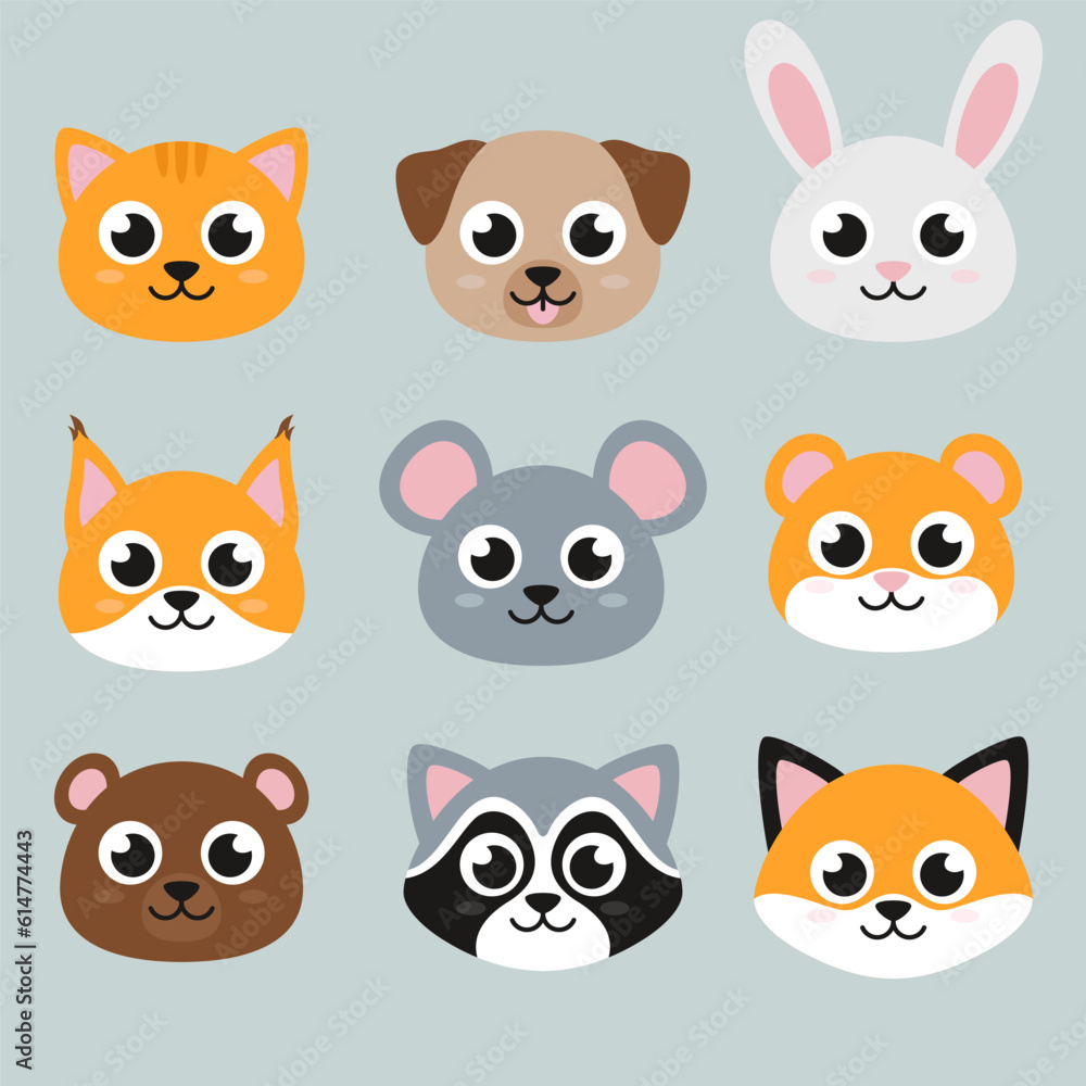 Heads of cute animals, set of flat style illustrations Heads of cute animals, set of flat style illustrations