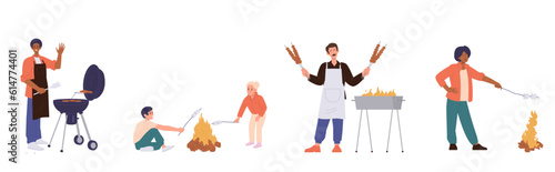 Set of people cartoon character rest during picnic preparing barbeque food frying marshmallows