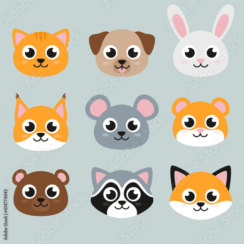Heads of cute animals  set of flat style illustrations