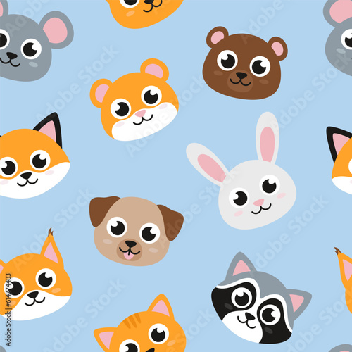 Heads of cute animals, seamless pattern, flat style illustrations background