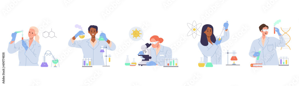 People at laboratory set, male female scientific workers characters discovering antiviral remedies People at laboratory set, male female scientific workers characters discovering antiviral remedies