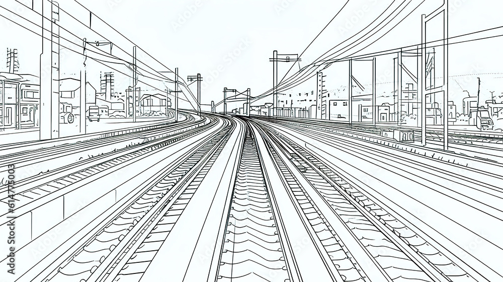 Black Outline of tracks, sleepers and turnouts at the station, generative AI.
