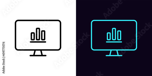 Outline pc monitor icon, with editable stroke. Monitor screen with bar chart sign, display with data report. Financial forecast, statistic information and bar graph results