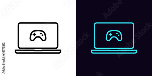 Outline gaming laptop icon, with editable stroke. Laptop screen with gamepad sign, game computer. Portable gaming station with wireless game controller, gaming interface