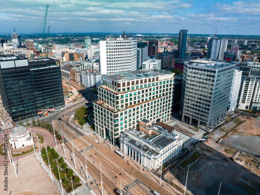 Aerial view of the eBirmingham city center. Beautiful English city, with modern skyscrapers and traditional architecture.