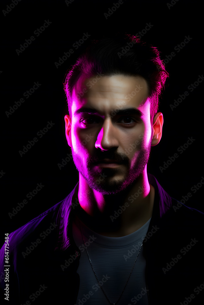 Portrait of beautiful Caucasian man in a fashionable cloth around colourful bright neon uv lights. Generative AI. Portrait of beautiful Caucasian man in a fashionable cloth around colourful bright neon uv lights. Generative AI.
