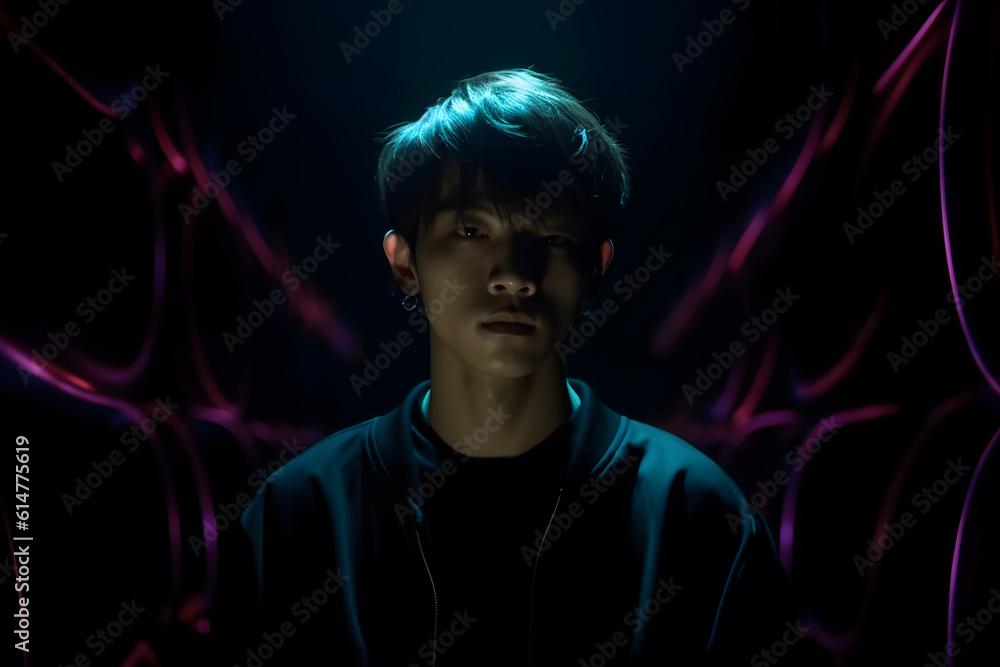 Portrait of beautiful Caucasian man in a fashionable cloth around colourful bright neon uv lights. Generative AI. Portrait of beautiful Caucasian man in a fashionable cloth around colourful bright neon uv lights. Generative AI.