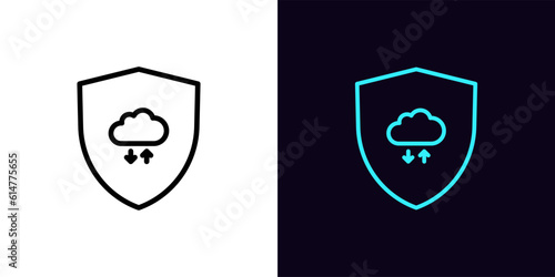 Outline shield security icon, with editable stroke. Shield with digital cloud storage sign, cloud data exchange. Cyber security, secure cloud synchronization, reliable update, file backup